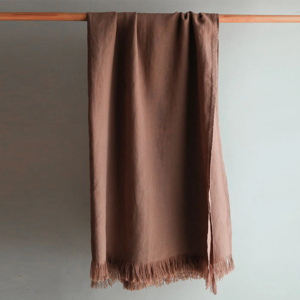 100% Linen Mocha Fringe Throw Blanket