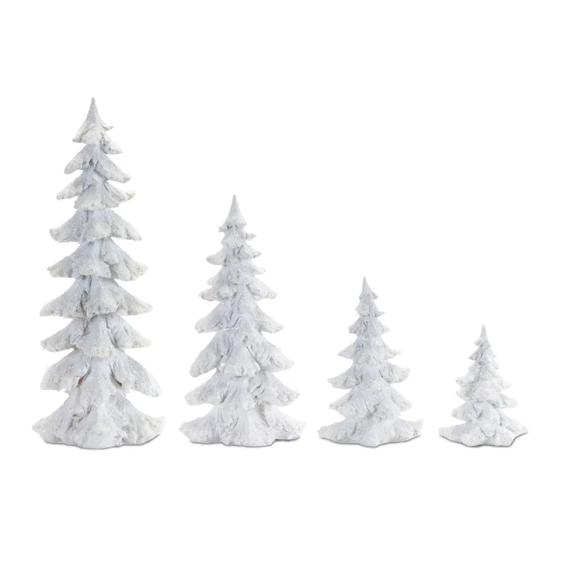 Flocked White Pine Tree with Carved Design, Set of 4