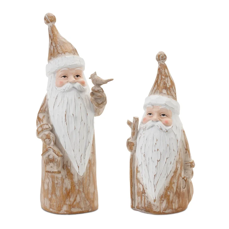 Carved Woodland Santa with Bird Figurine, Set of 2