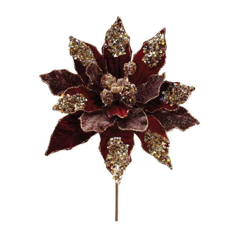 Beaded Burgandy Poinsettia Flower Stem, Set of 2