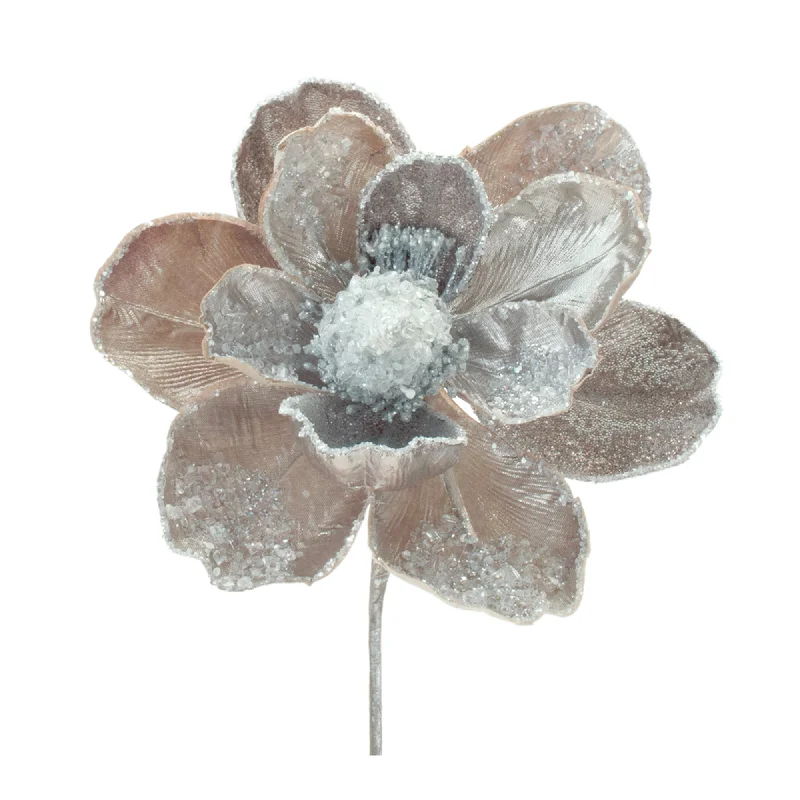 Beaded Silver Magnolia Flower Stem, Set of 2