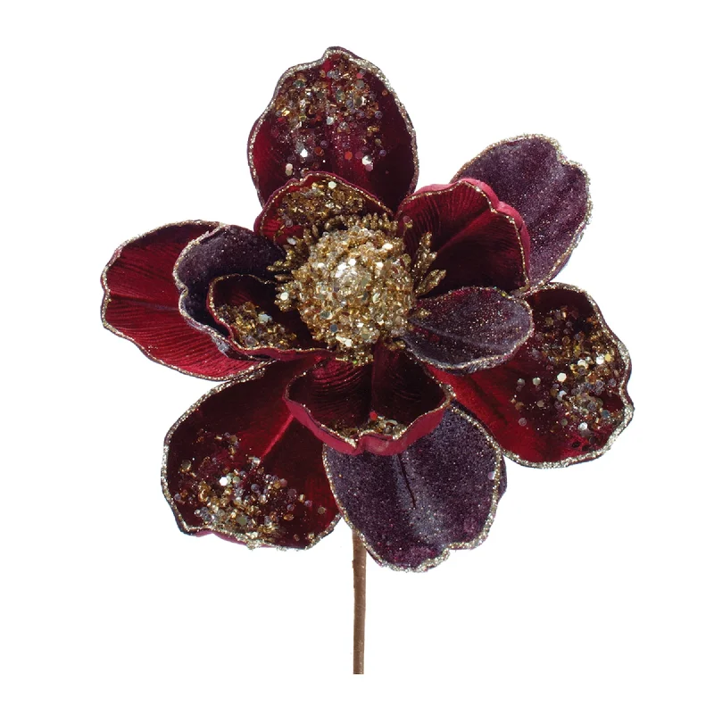 Beaded Burgandy Magnolia Flower Stem, Set of 2