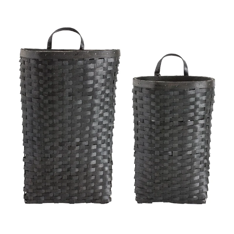 Black Woven Wood Wall Basket, Set of 2