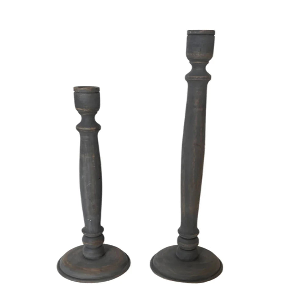 Dark Grey Wooden Taper Candleholder, Set of 2