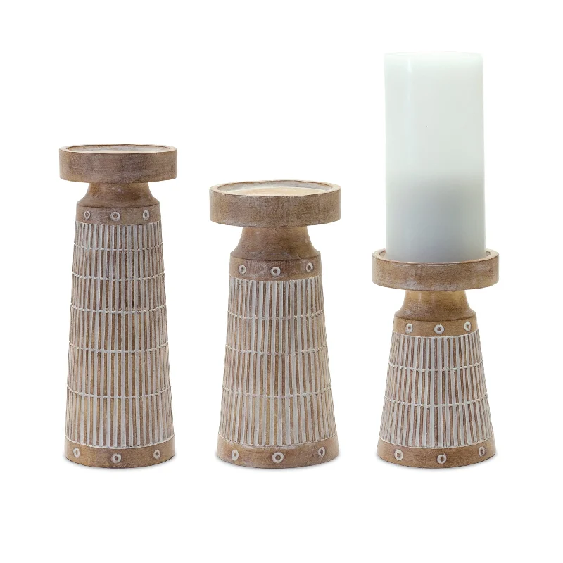 Etched Wood Design Candle Holder, Set of 3