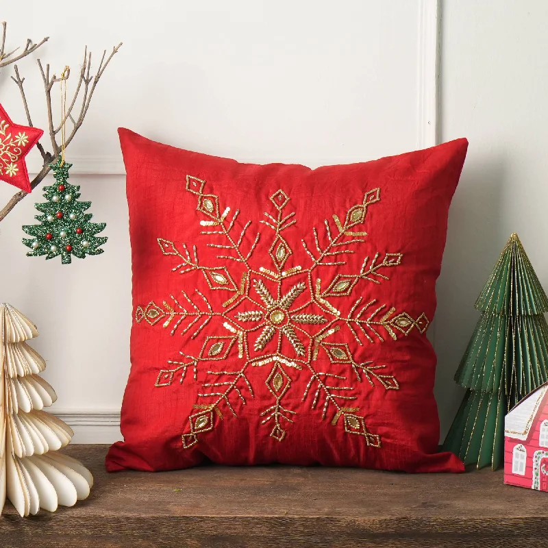 Golden Snowflake Beaded Decorative Pillow