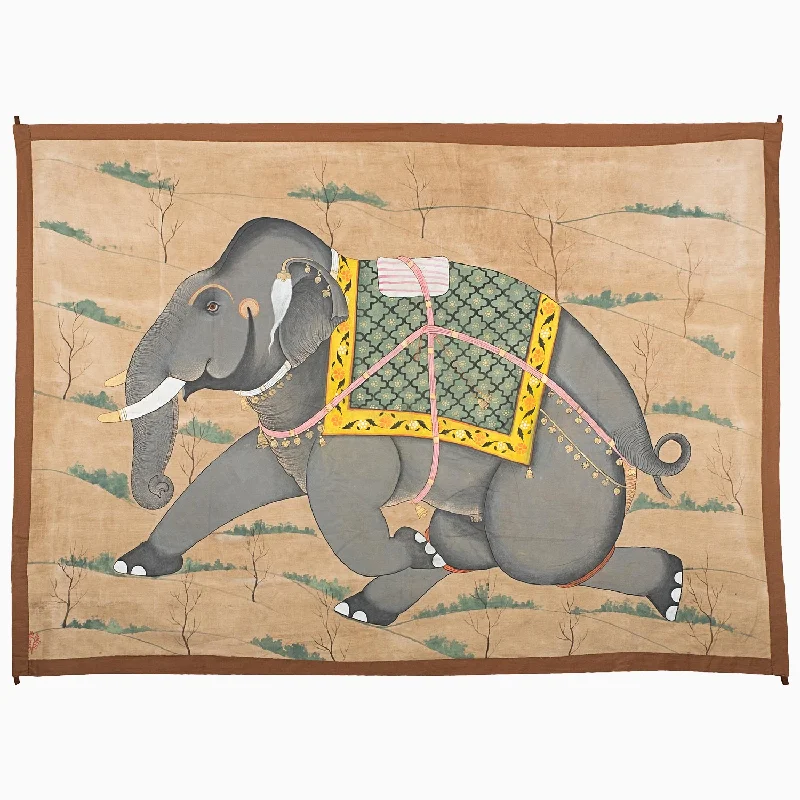 Grey Elephant Running on Grass Tapestry