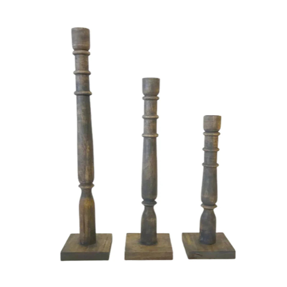 Grey Wooden Taper Candleholder, Set of 3