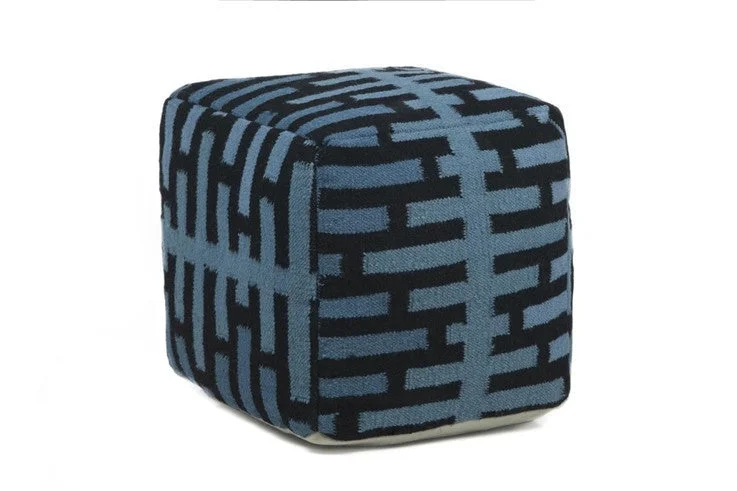 Hand-knitted Contemporary Wool Pouf, Blue