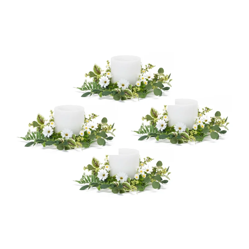 Mixed Foliage and Daisy Candle Ring, Set of 4