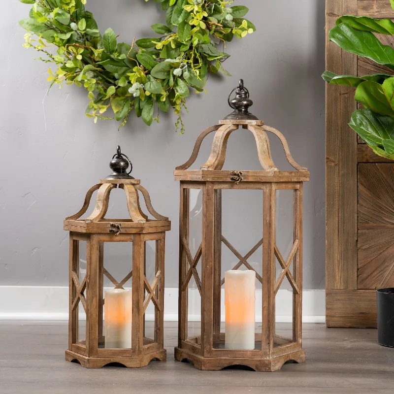 Natural Wood Hexagon Lantern with Curved Top, Set of 2