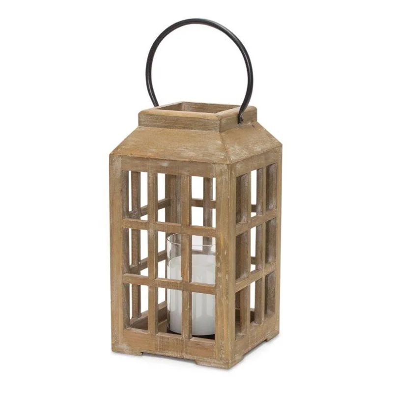 Natural Wooden 22.5" Lantern with Glass Hurricane