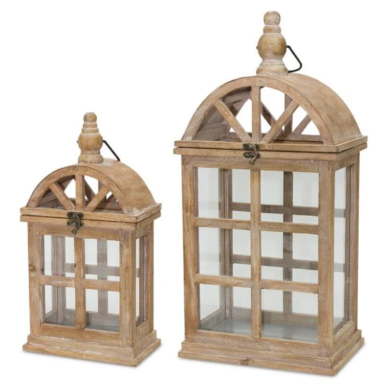 Natural Wooden Lantern with Curved Top, Set of 2