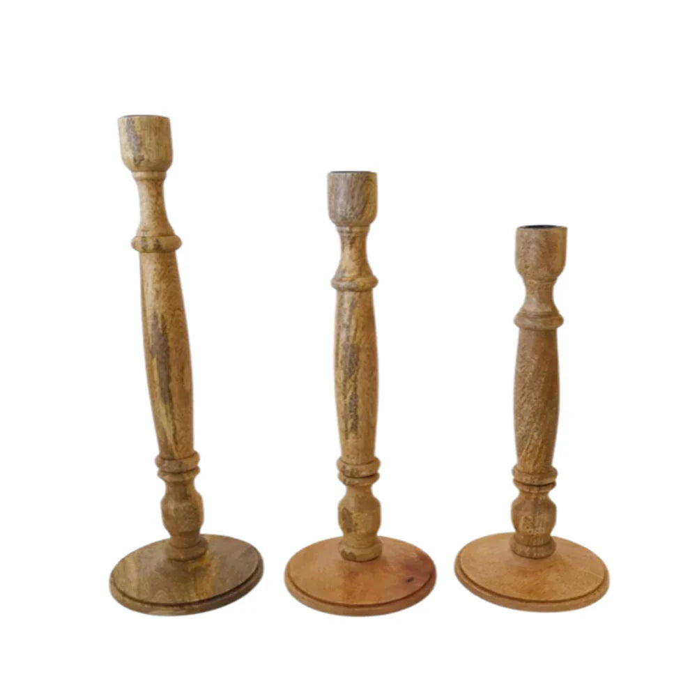 Natural Wooden Taper Candleholder, Set of 3