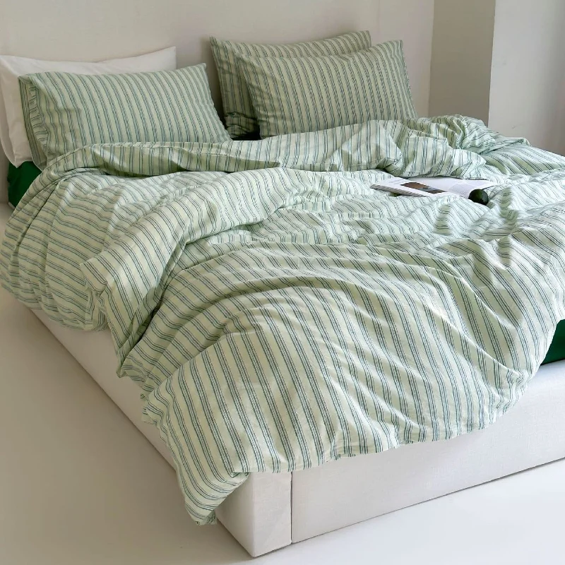 Refreshing Stripe Duvet Cover & Pillowcases (Green / Thick Blue)