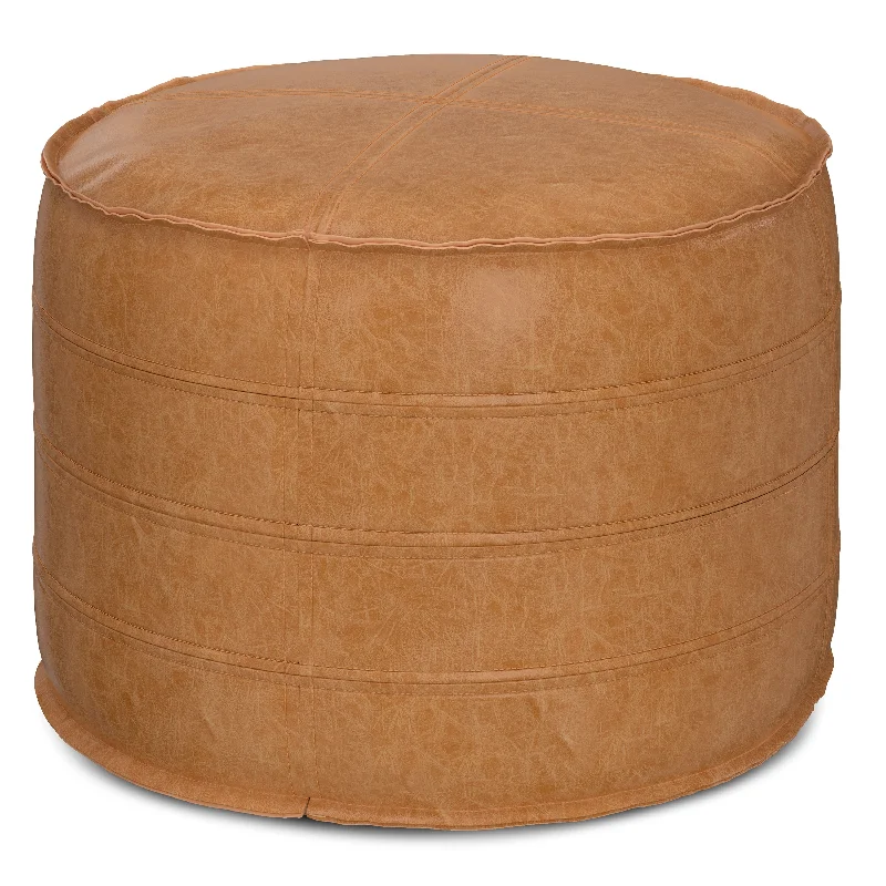 Resonance Faux Leather Round Pouf with Top Stitching Detail and Zipper