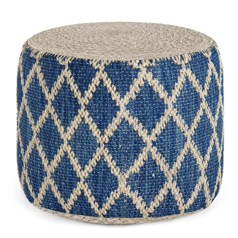 Round Pouf with Cotton and Jute Woven Diamond Pattern