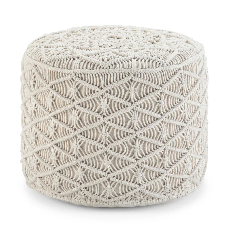 Round Pouf with Macramé Woven Natural Pattern