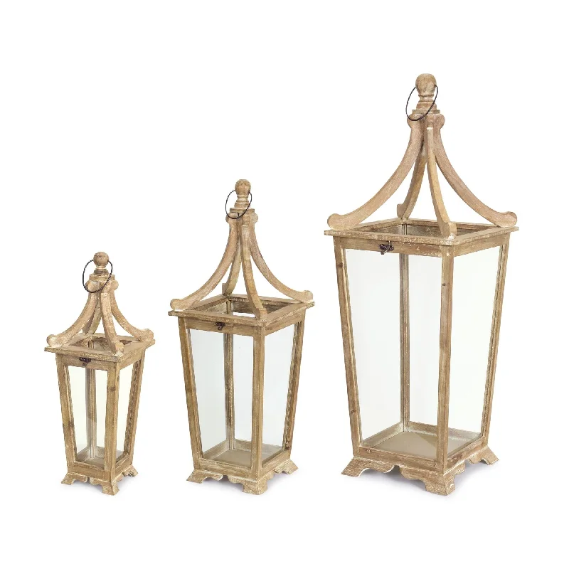 Tapered Wooden Floor Lantern, Set of 3