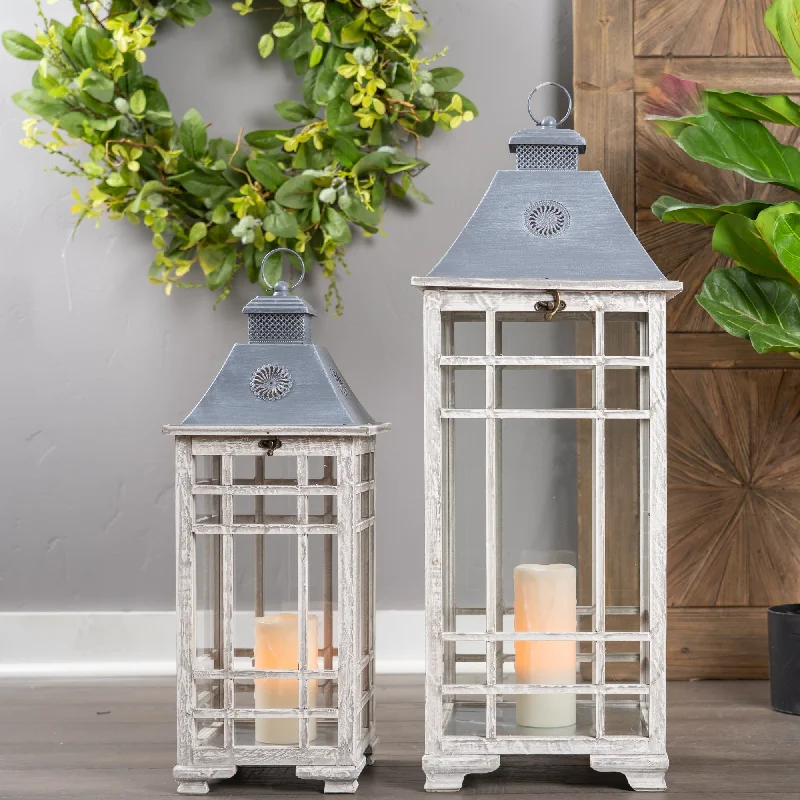 Traditional Farmhouse Lantern with Metal Lid, Set of 2