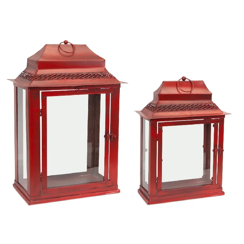 Traditional Red Metal Rectangle Lantern, Set of 3