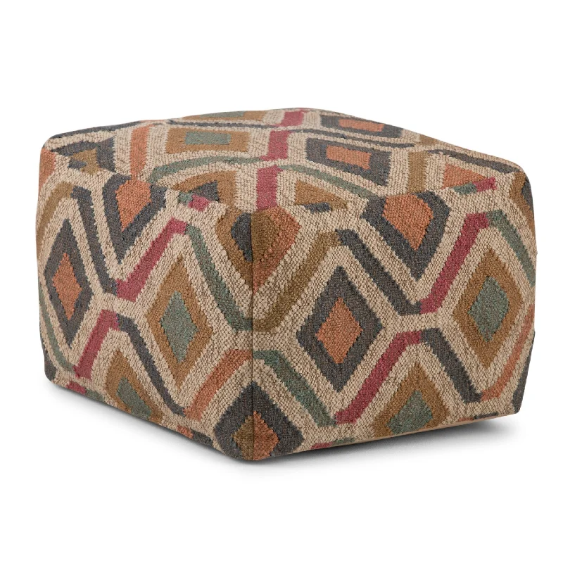 Velour Square Woven Pouf with Multi-Color Kilim Pattern