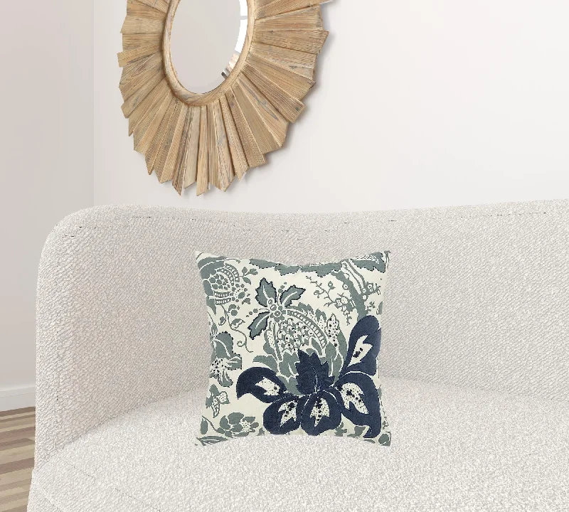 Blue Ivory Flower Pod Down Filled Throw Pillow