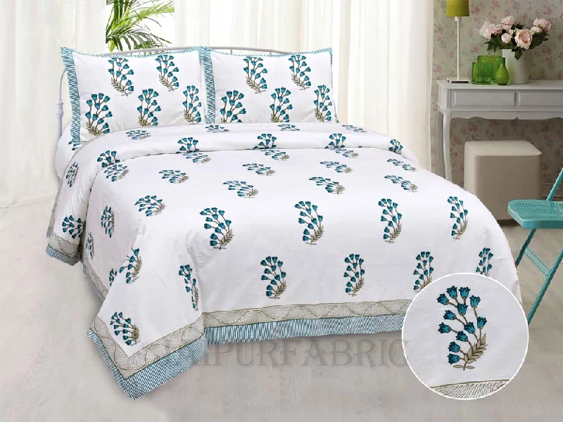 Charming Rose Blue Fine Cotton Hand Block King Size Bedsheet Set