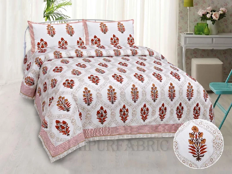 Jaal Peach Fine Cotton Hand Block King Size Bedsheet Set