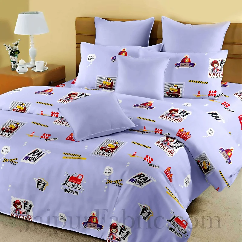 Kids Racing Car Purple King Size Bedsheet