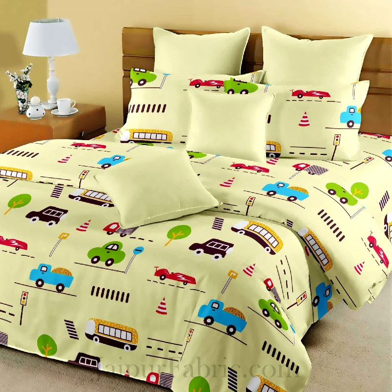 Kids Toy Cars Lemon Yellow King Size Bedsheet