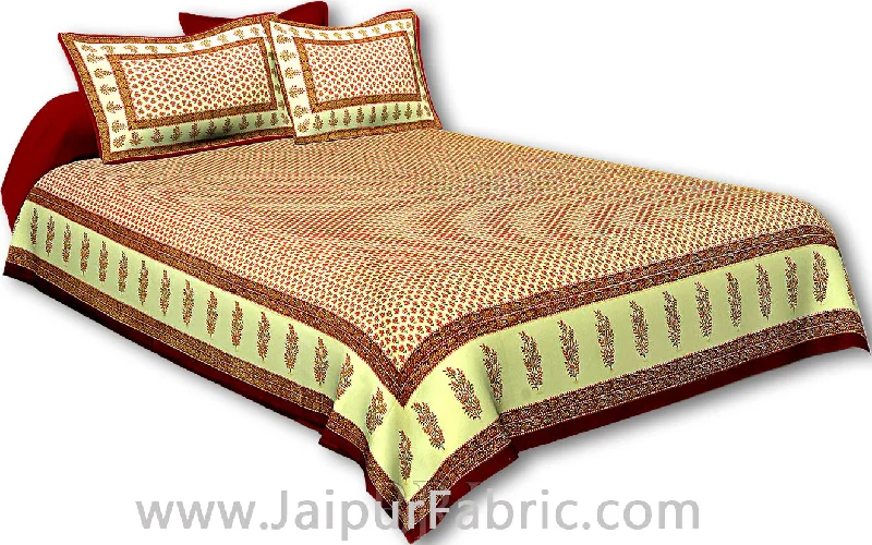 Maroon Border Cream Base Small Tree Pattern With Golden Print Super Fine Cotton Double Bedsheet