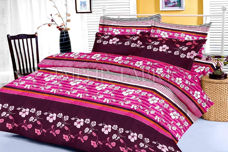 Pink and Black Slanting Stripe and Floral Print King Size Cotton Bed Sheet