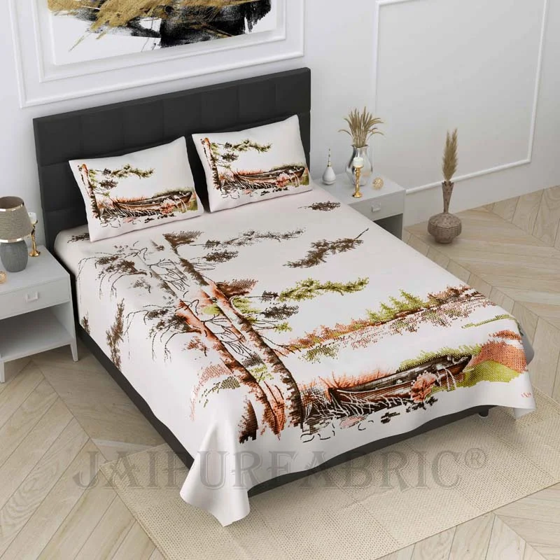 Scenic Coast Brown Pure Cotton Double Bedsheet