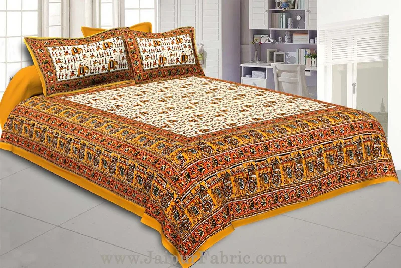 Super King Size Double Bedsheet Yellow Jaipuri Traditional Print with 2 Pillow Covers