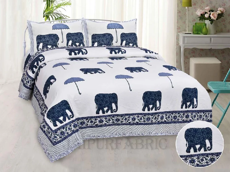 Tusker Blue Fine Cotton Hand Block King Size Bedsheet Set