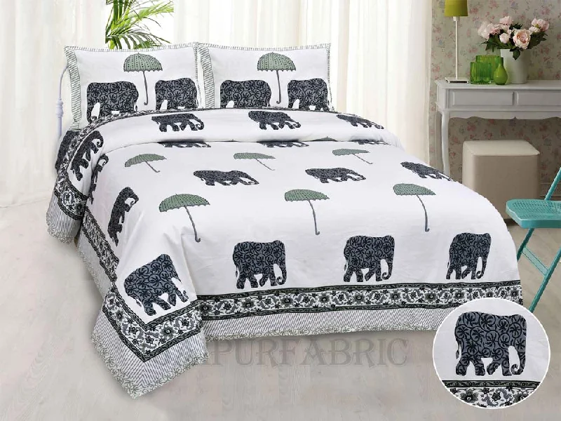 Tusker Grey Fine Cotton Hand Block King Size Bedsheet Set