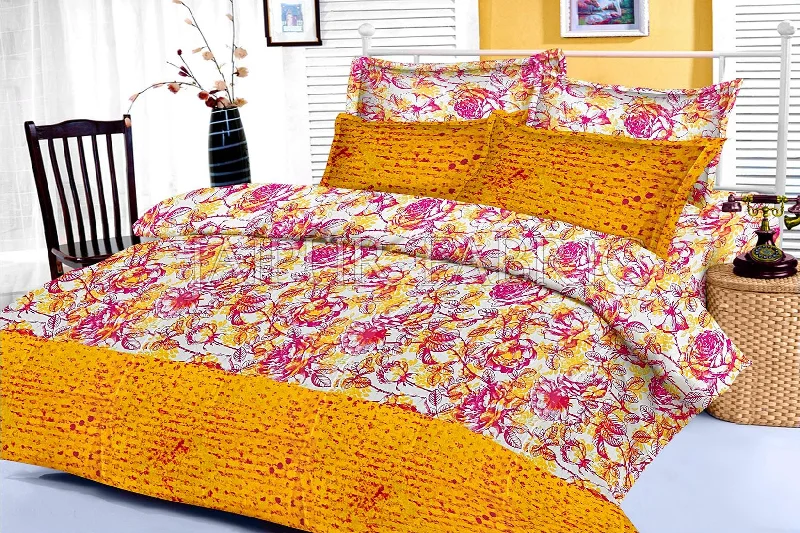 Yellow Floral Base Abstract Print Border King Size Cotton Bed Sheet