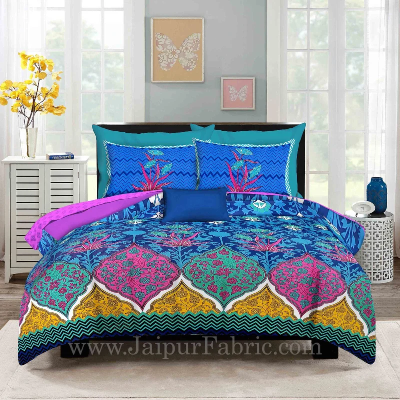 Zig-Zag Multi Color Blue Base Floral Screen Print King Size Double Bedsheet With 2 Pillow Cover