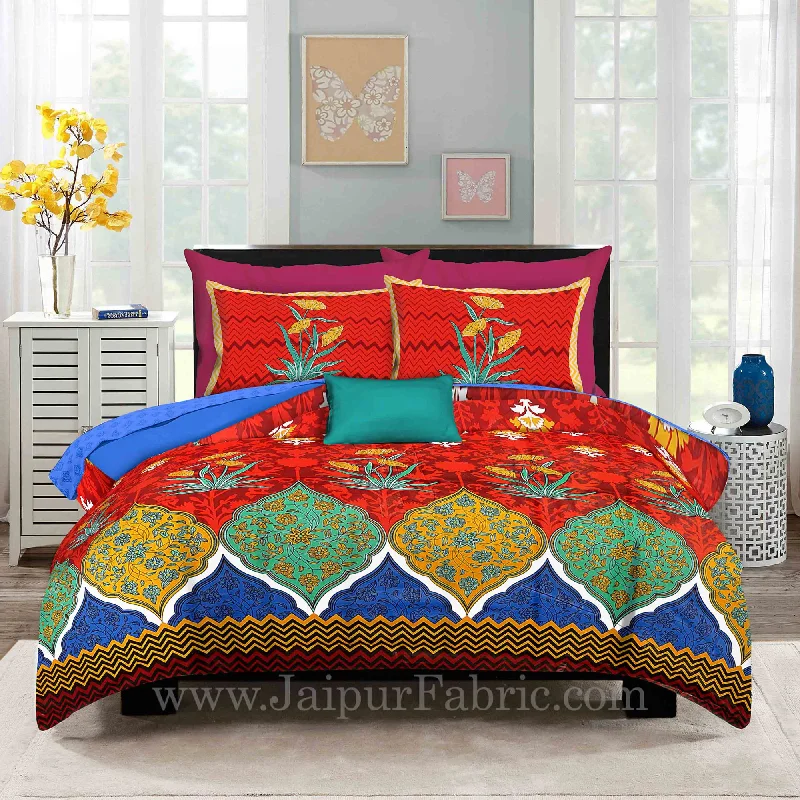 Zig-Zag Multi Color Red Base Floral Screen Print King Size Double Bedsheet With 2 Pillow